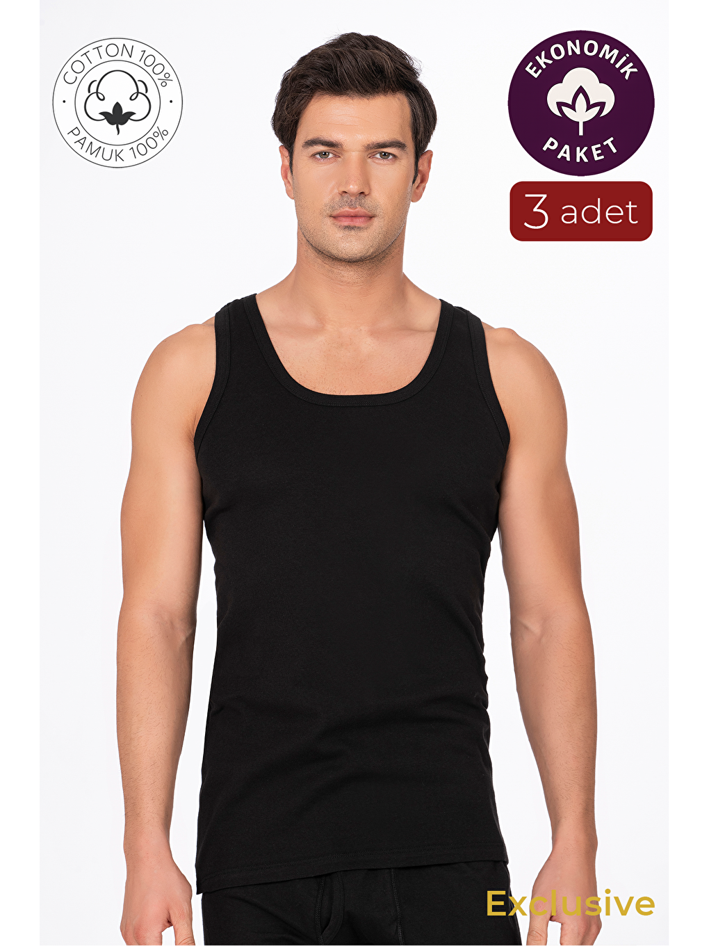 3'Lü Paket Pamuklu Ribana Kalın Askılı Erkek %100 Pamuk Atlet | Siyah K0113