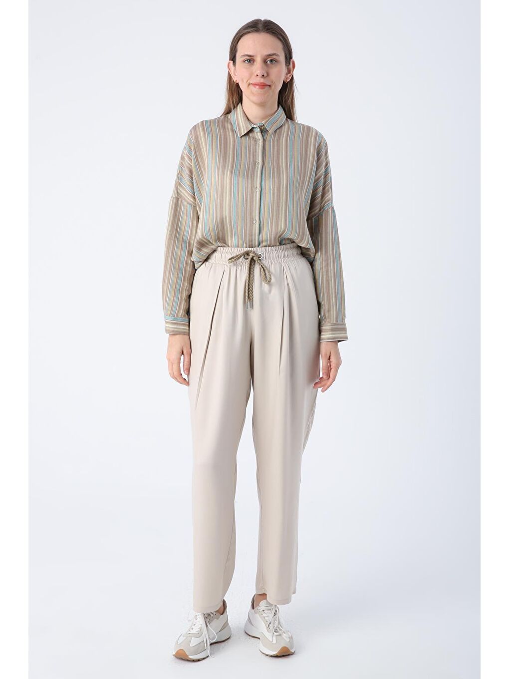 Bej Taş-Beli Lastikli Geniş Paça Pantolon-1