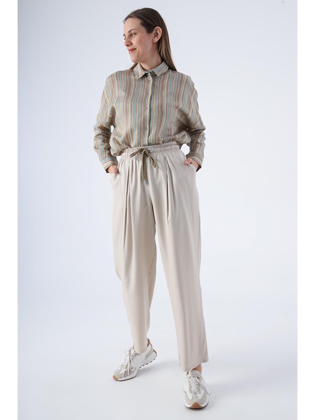 Bej Taş-Beli Lastikli Geniş Paça Pantolon-2