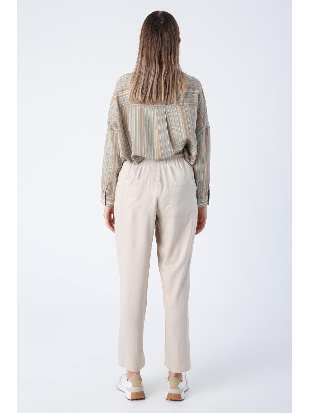 Bej Taş-Beli Lastikli Geniş Paça Pantolon-3