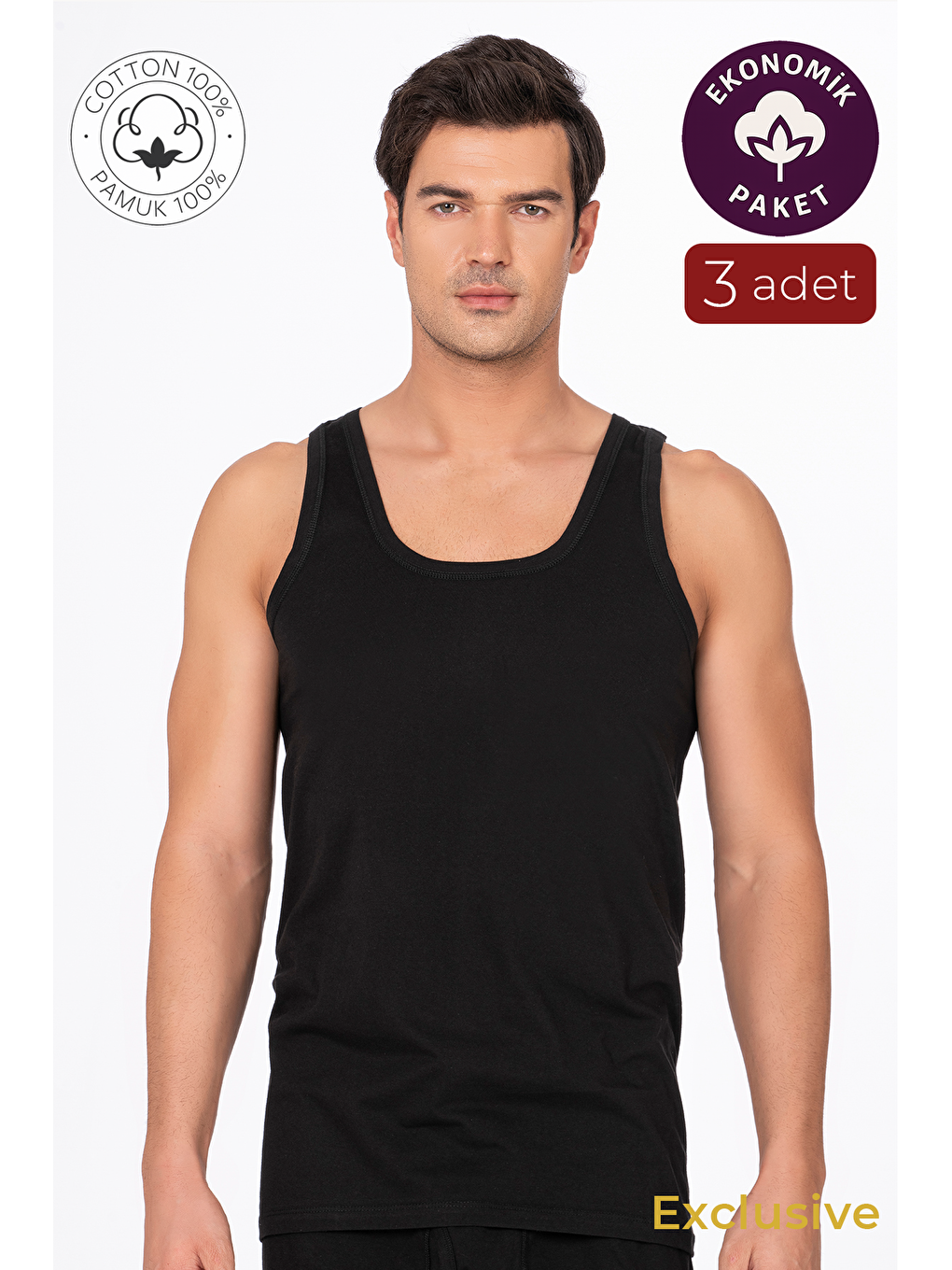3'Lü Paket Pamuklu Süprem Kalın Askılı Klasik Erkek %100 Pamuk Atlet | Siyah K0050