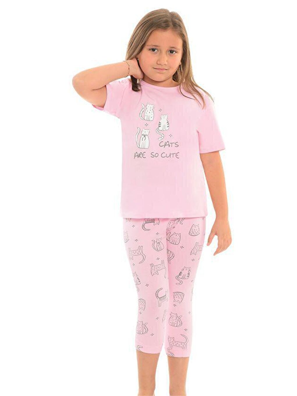 LITTLE FROG KIDS Pembe Pamuklu Kısa Kollu Desenli Taytlı Kız Çocuk Pijama Takım