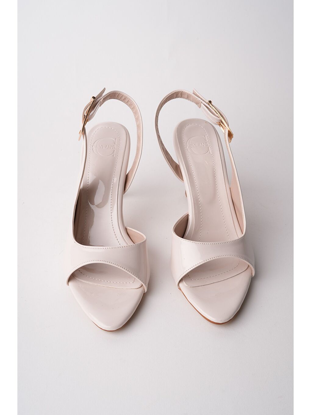 Bej PURELİNE Rugan Sivri Burun İnce Topuk Arkası Açık Kadın Topuklu Ayakkabı-1