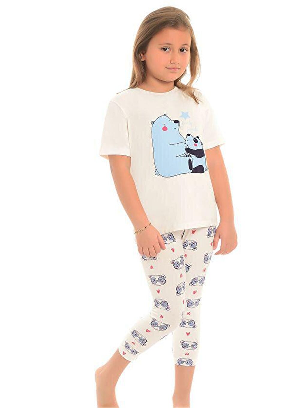 LITTLE FROG KIDS Ekru Pamuklu Kısa Kollu Desenli Taytlı Kız Çocuk Pijama Takım