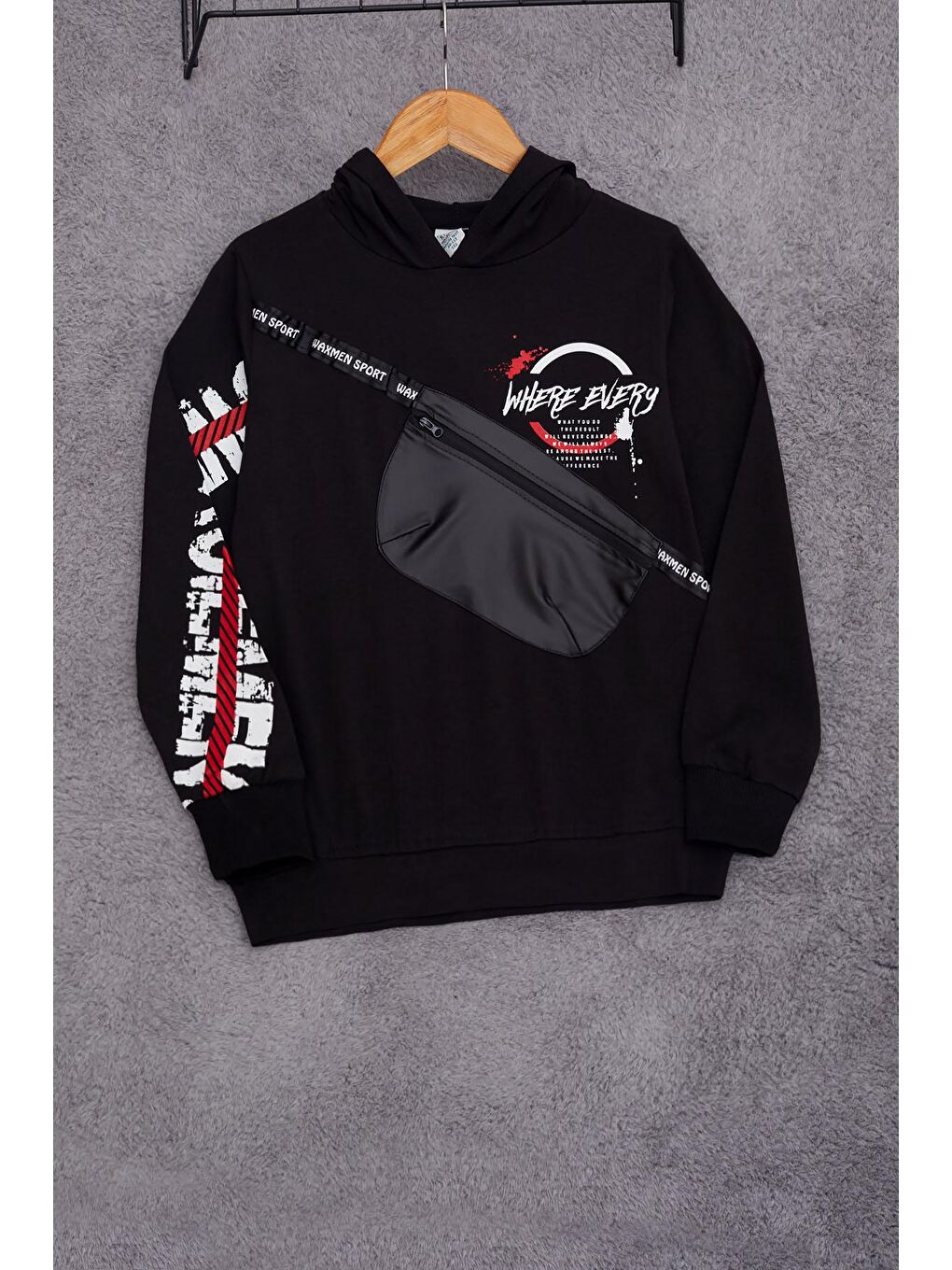 Siyah Erkek Çocuk Kapüşonlu Cep Detaylı Sweatshirt 9-14 Yaş 14029