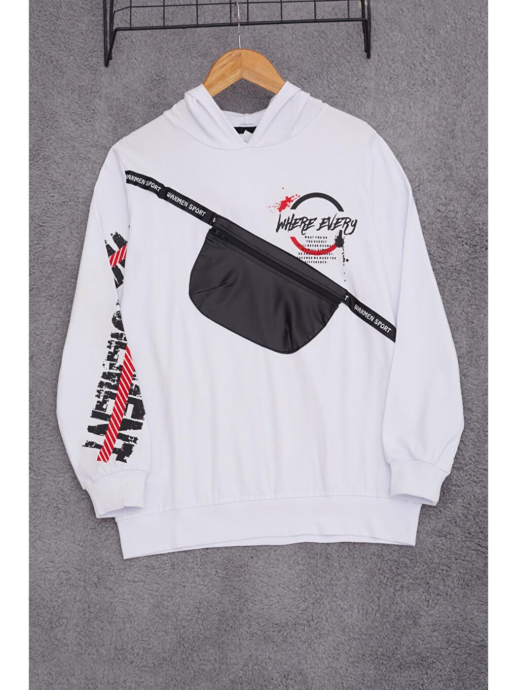 Beyaz Erkek Çocuk Kapüşonlu Cep Detaylı Sweatshirt 9-14 Yaş 14029
