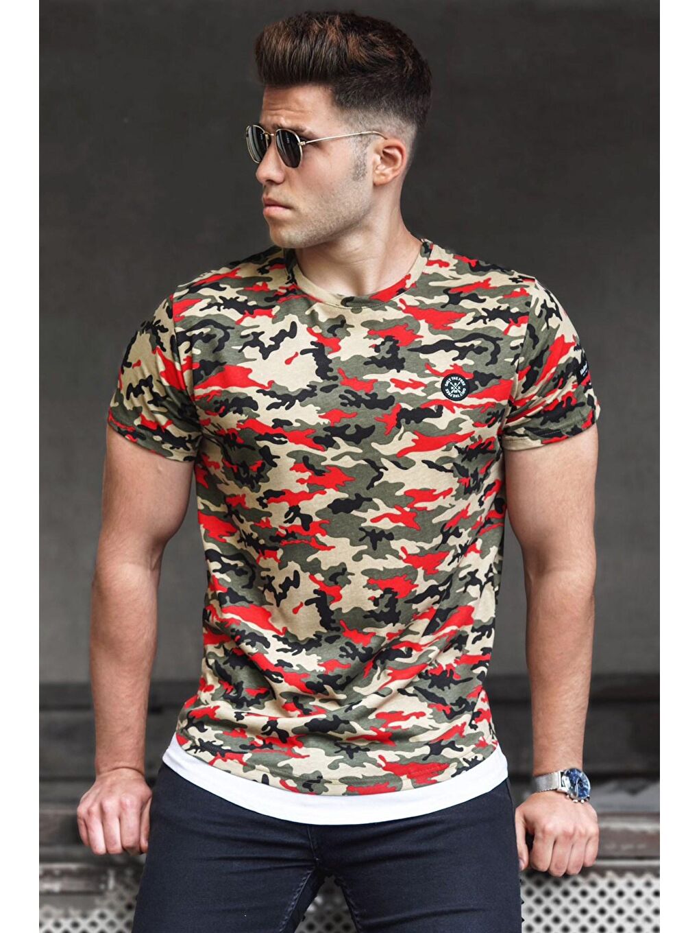 Kamuflaj Desenli Kırmızı Erkek %100 Pamuk Tişört 4480