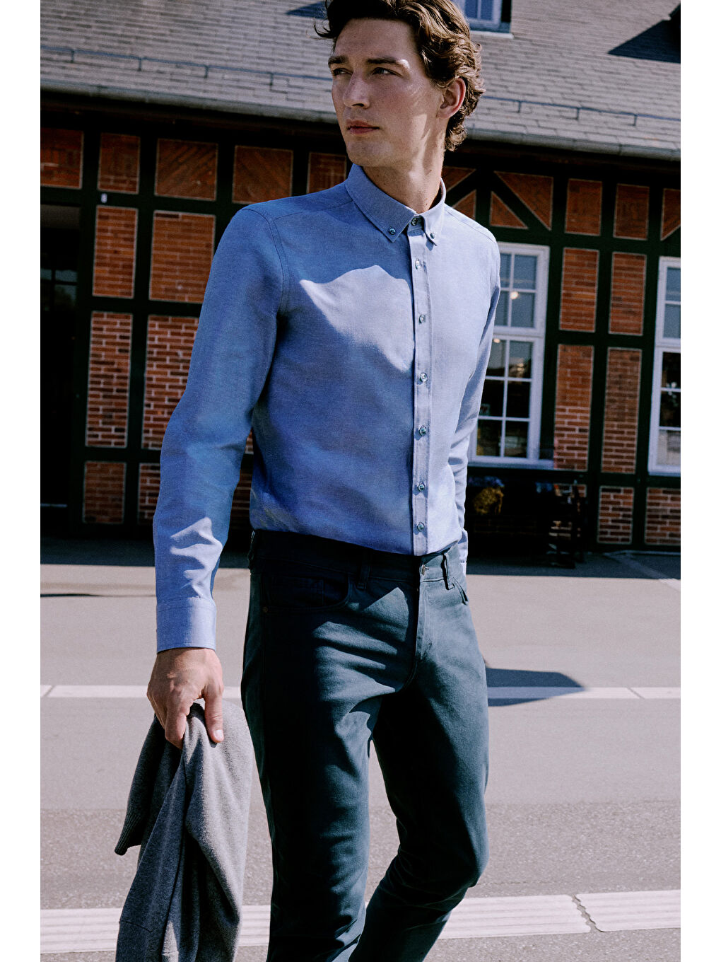 Erkek Gri Tailored Slim Fit Dar Kesim Düğmeli Yaka Oxford Gömlek-2