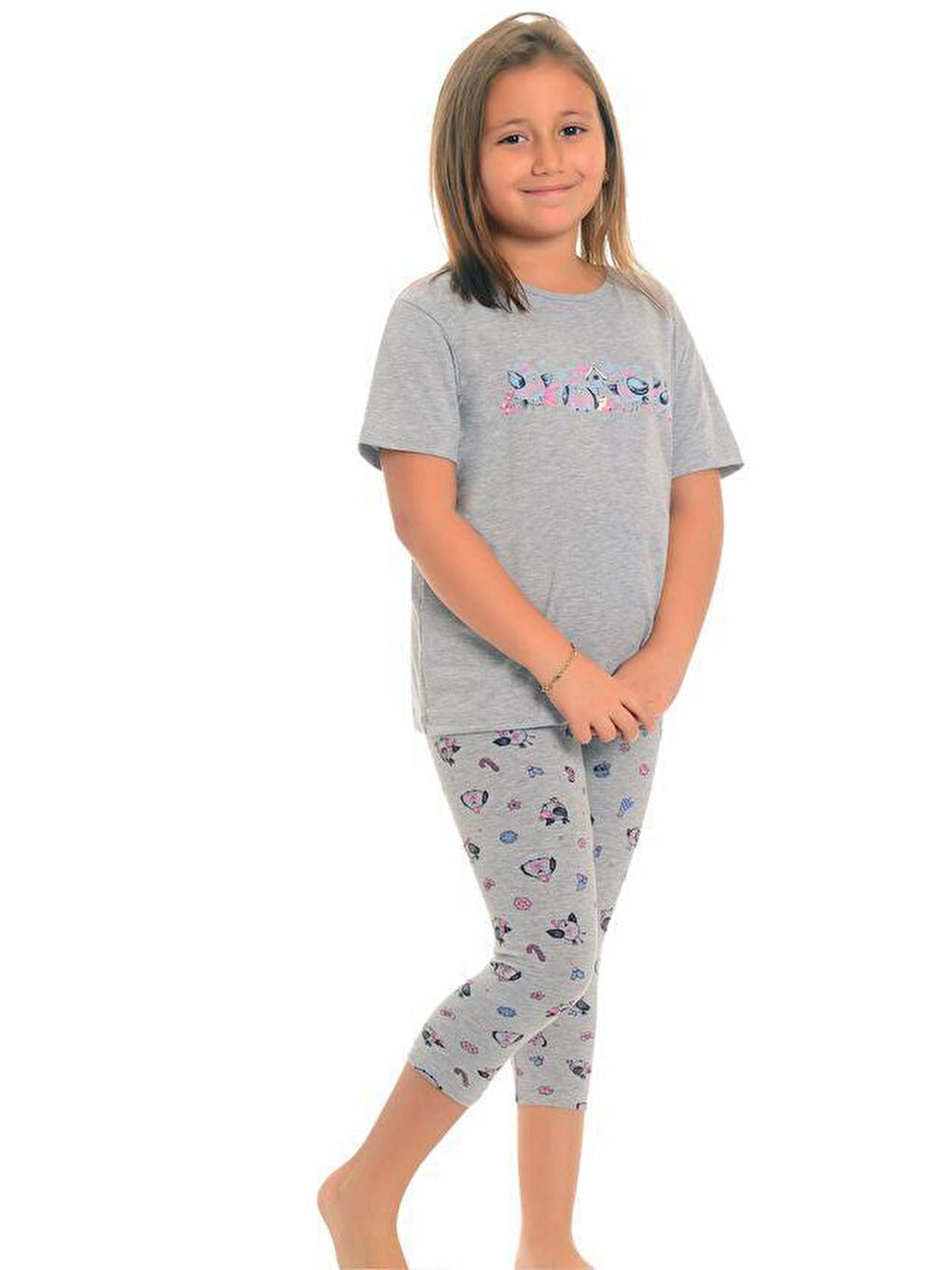 LITTLE FROG KIDS Gri Pamuklu Kısa Kollu Desenli Taytlı Kız Çocuk Pijama Takım