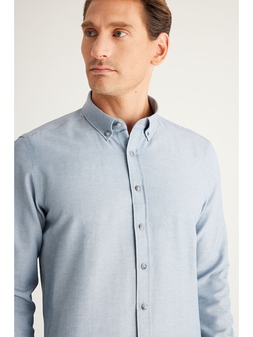 Erkek Gri Tailored Slim Fit Dar Kesim Düğmeli Yaka Oxford Gömlek-5