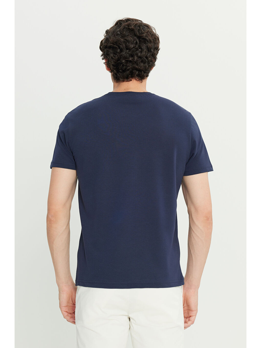 Erkek Lacivert Pamuklu Slim Fit Dar Kesim Bisiklet Yaka Tişört-5