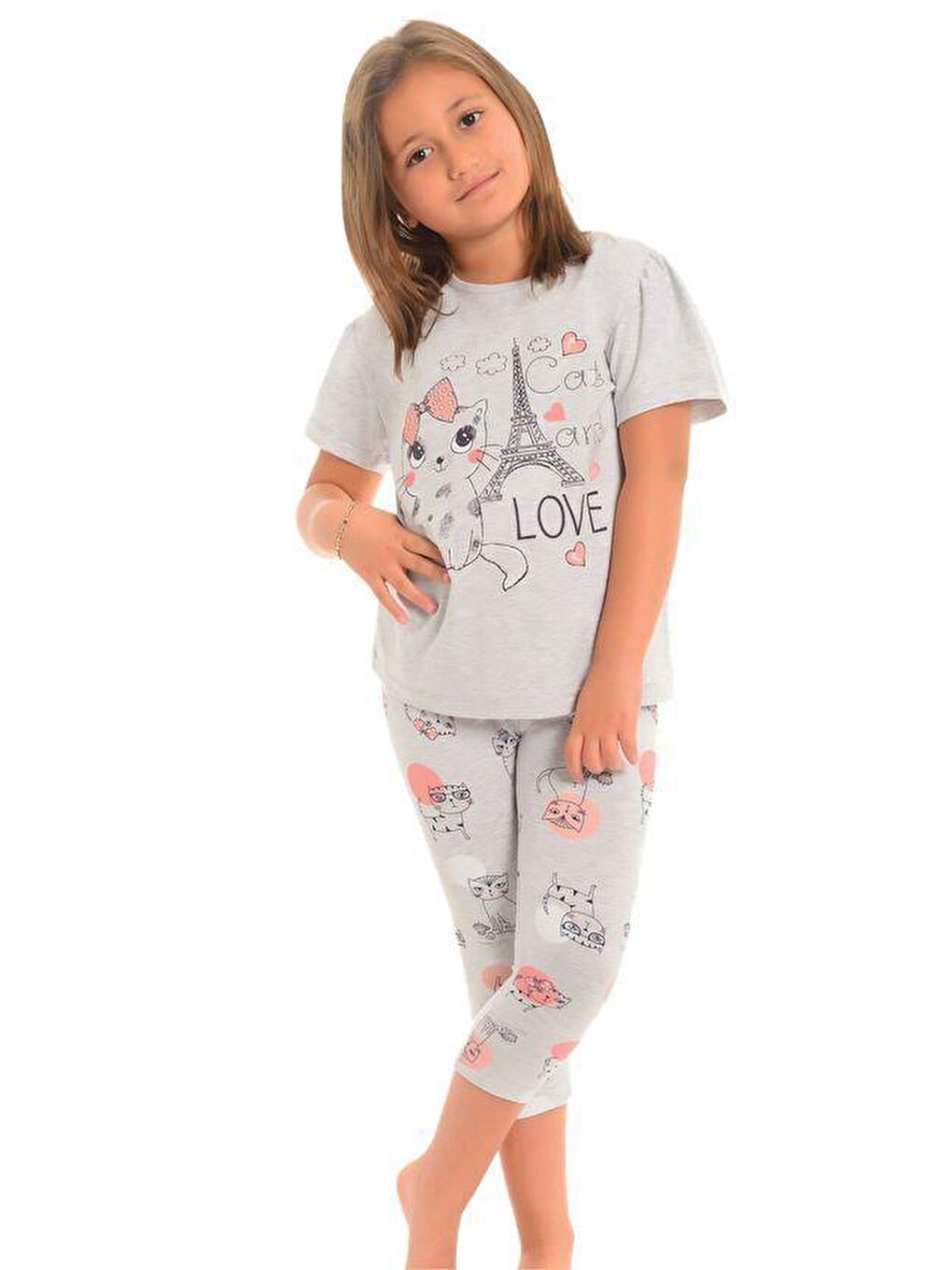 LITTLE FROG KIDS Gri Pamuklu Kısa Kollu Desenli Taytlı Kız Çocuk Pijama Takım