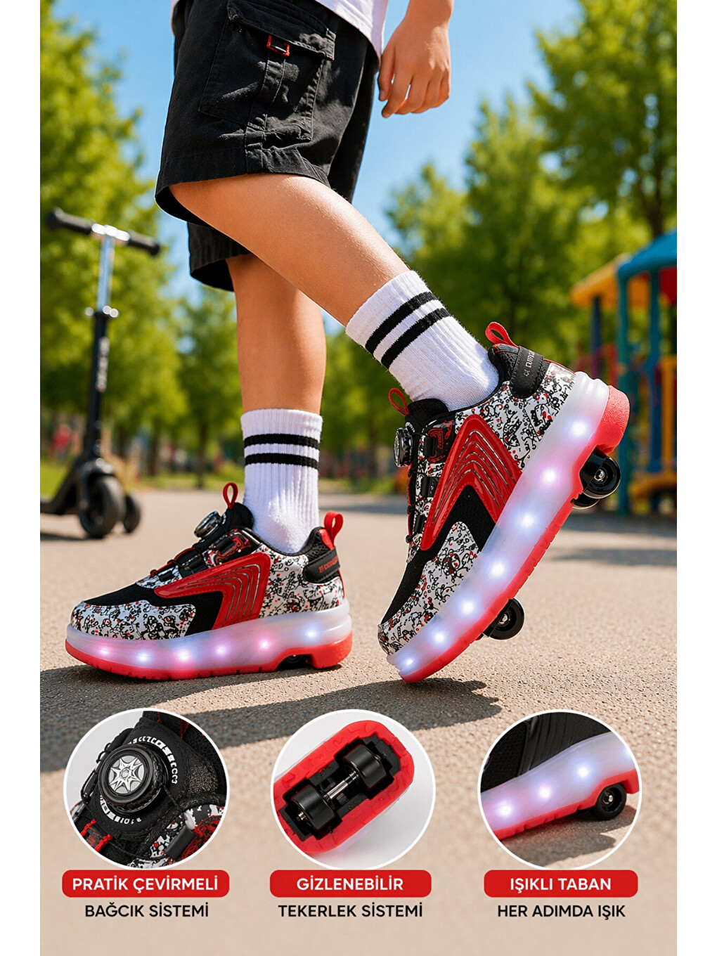 Siyah FLOW Çocuk Işıklı Patenli Tekerlekli Sneaker Spor Ayakkabı