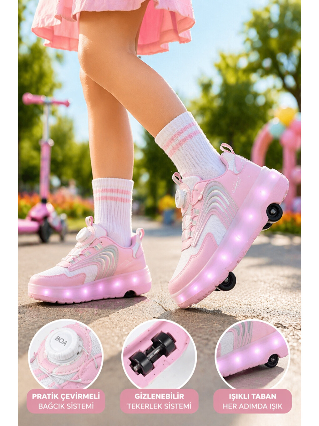 Pembe FLOW Çocuk Işıklı Patenli Tekerlekli Sneaker Spor Ayakkabı