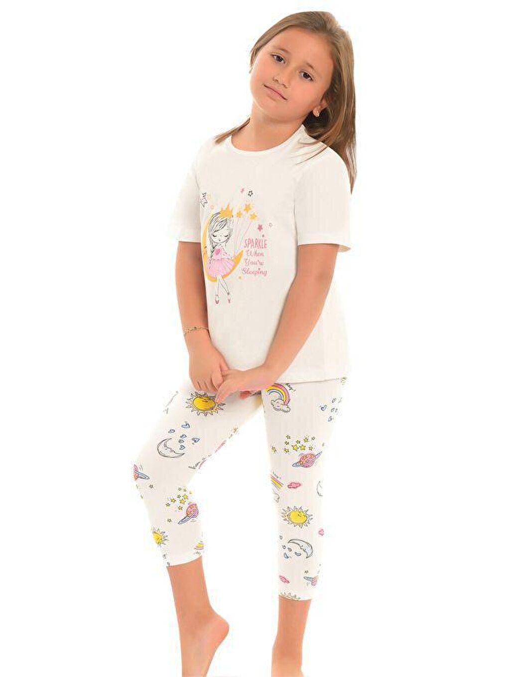 LITTLE FROG KIDS Ekru Pamuklu Kısa Kollu Desenli Taytlı Kız Çocuk Pijama Takım