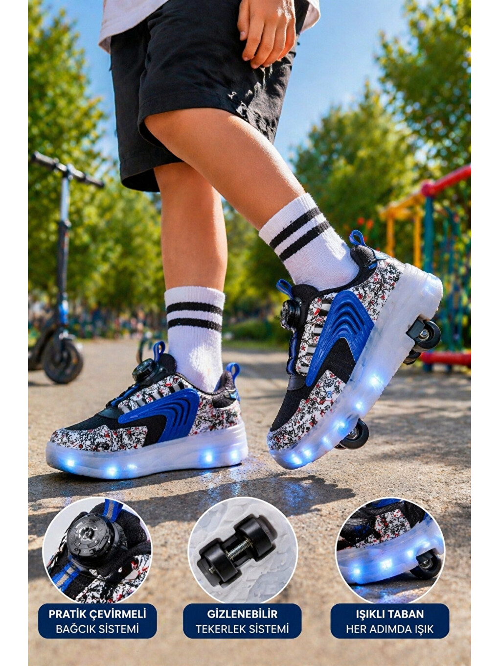 Siyah FLOW Çocuk Işıklı Patenli Tekerlekli Sneaker Spor Ayakkabı