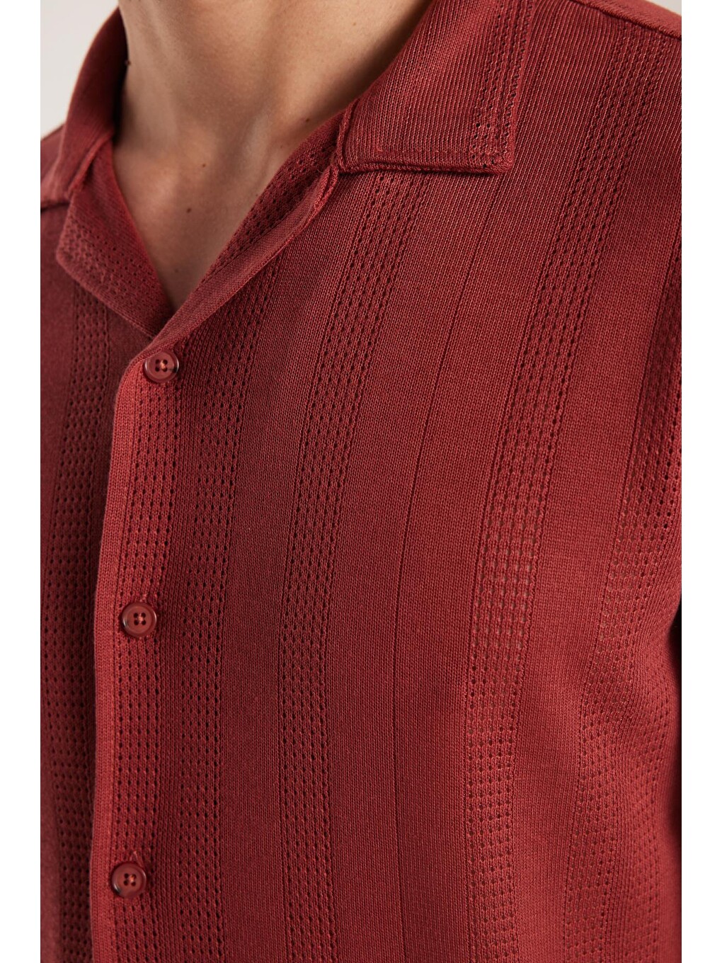 Kahverengi Erkek Slim Fit Örme Kumaş Apaş Yaka Rahat Kullanım Kısa Kol Kiremit Gömlek-1