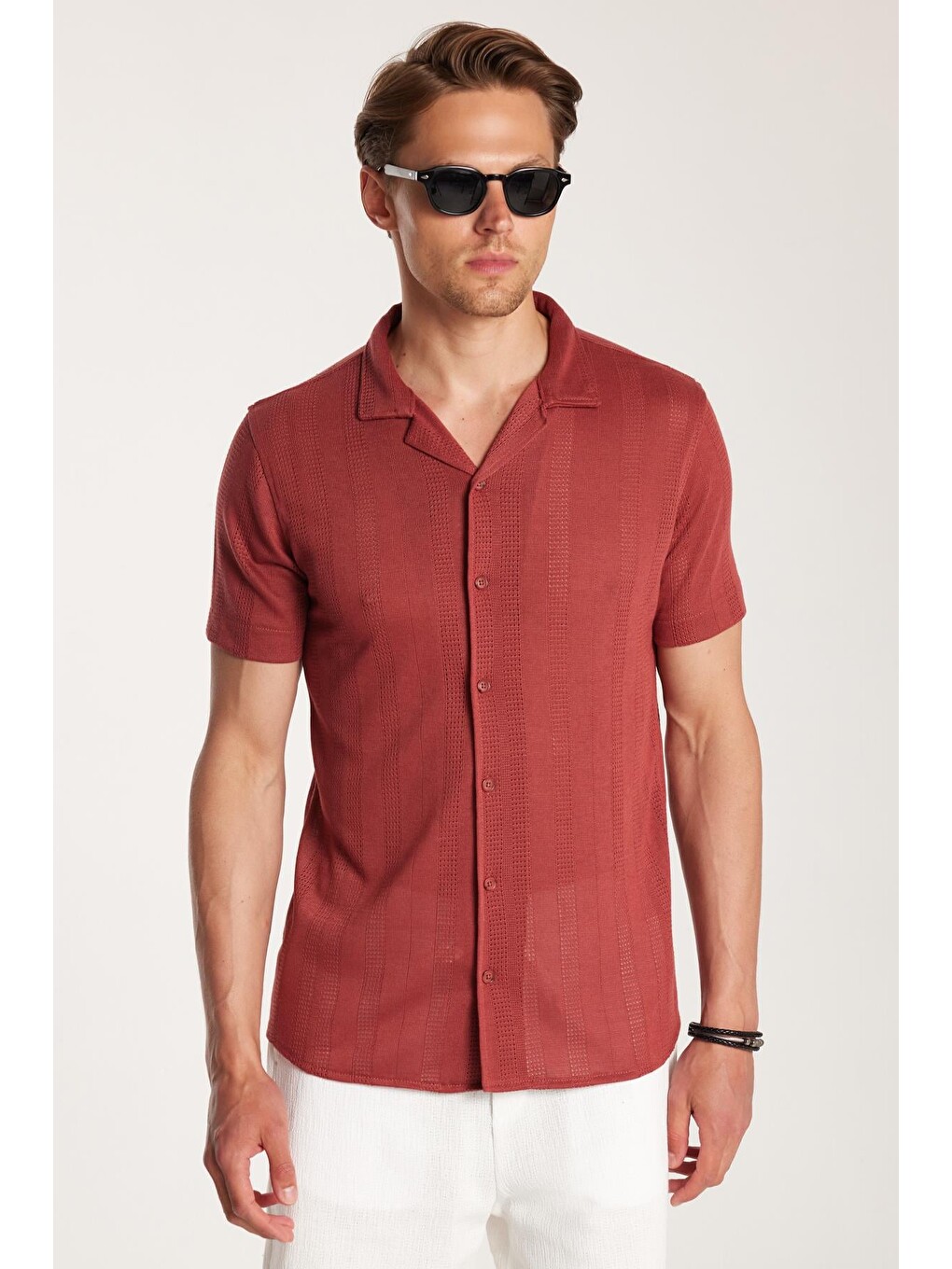 Kahverengi Erkek Slim Fit Örme Kumaş Apaş Yaka Rahat Kullanım Kısa Kol Kiremit Gömlek-3