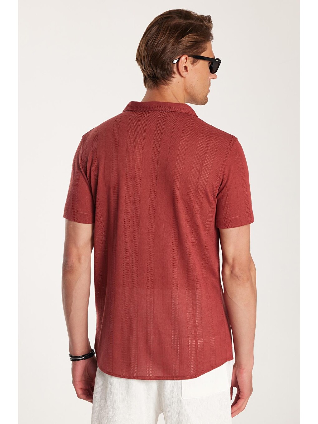 Kahverengi Erkek Slim Fit Örme Kumaş Apaş Yaka Rahat Kullanım Kısa Kol Kiremit Gömlek-4