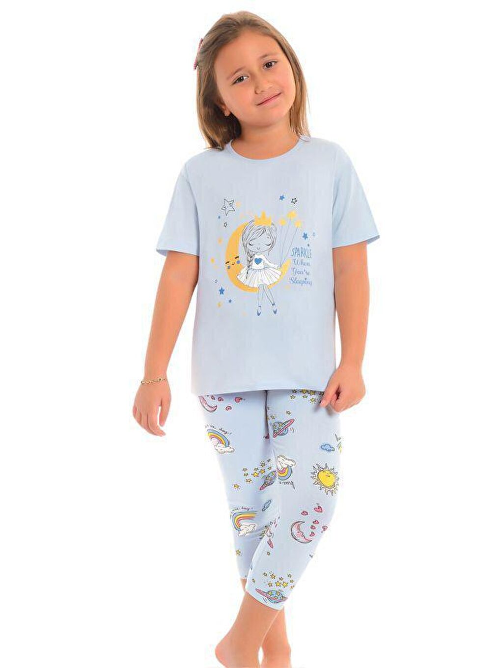 LITTLE FROG KIDS Mavi Pamuklu Kısa Kollu Desenli Taytlı Kız Çocuk Pijama Takım