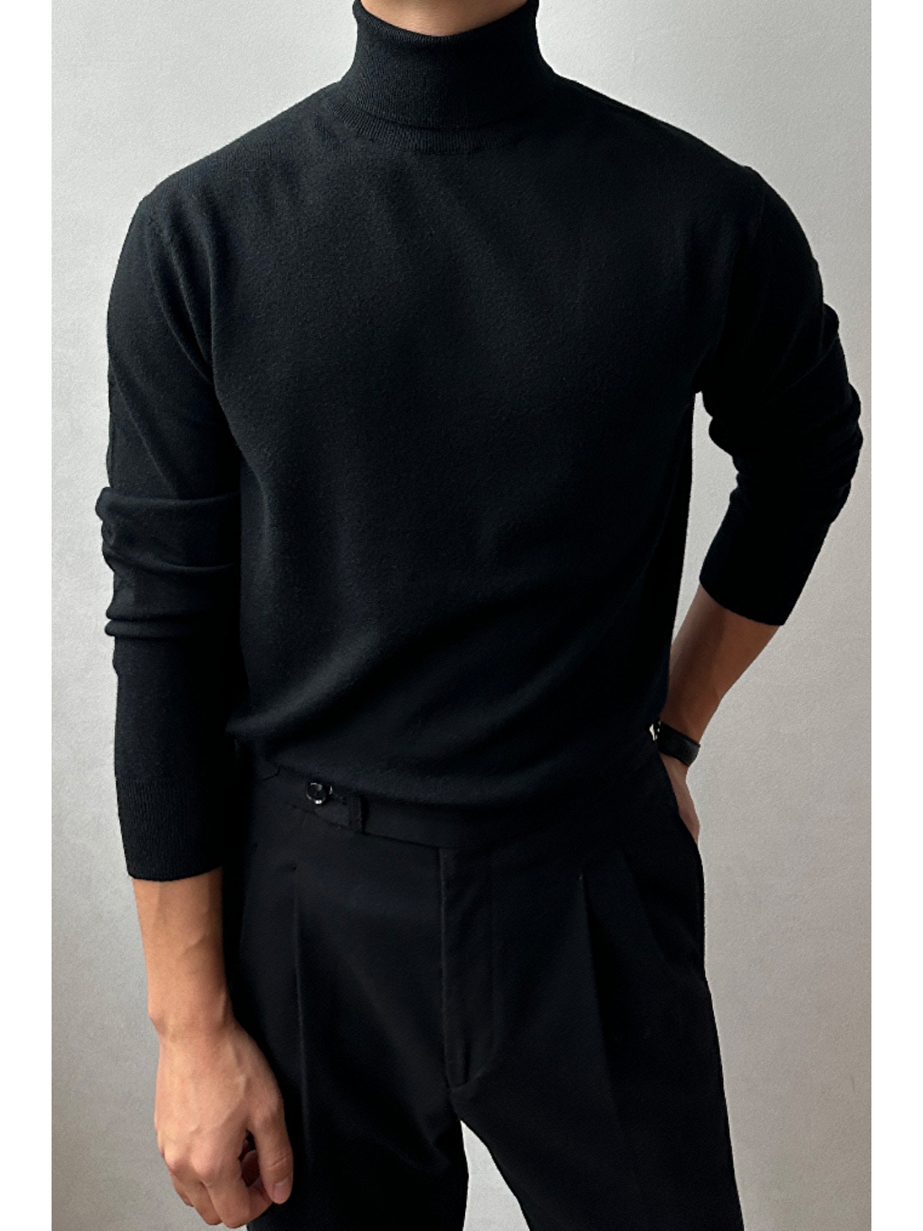 Siyah Erkek Tam Balıkçı Slim Fit Triko Kazak