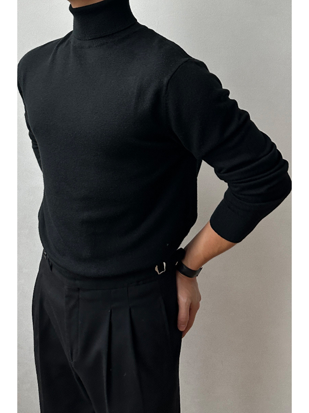 Siyah Erkek Tam Balıkçı Slim Fit Triko Kazak-1