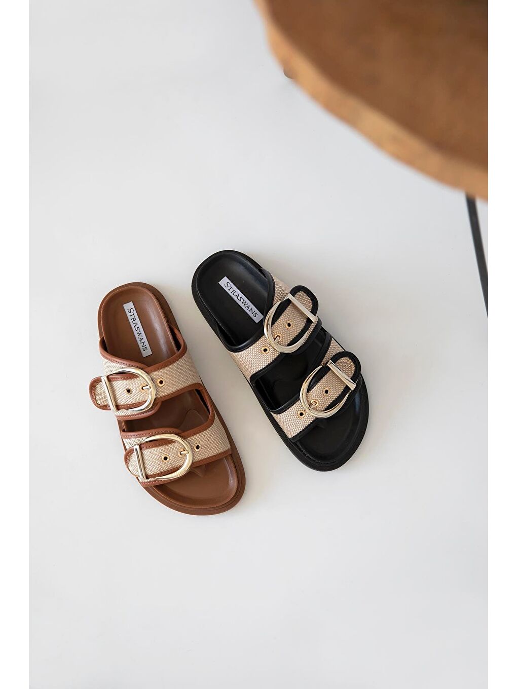 Kahverengi Muna Kadın Hasır Detay Günlük Deri Terlik Taba-Bej-2