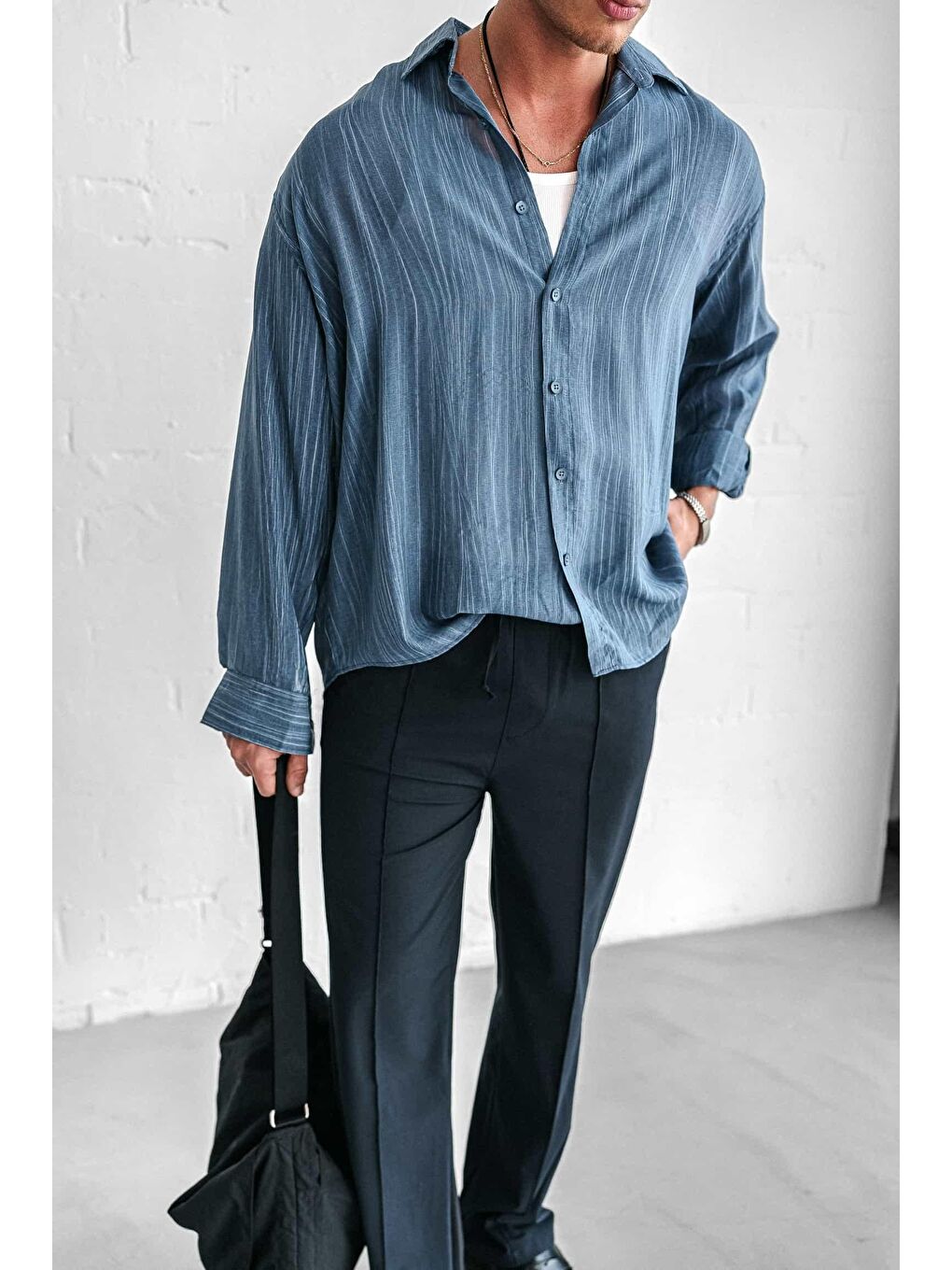 Erkek Dokulu Desenli Çizgili Oversize Gömlek Mavi