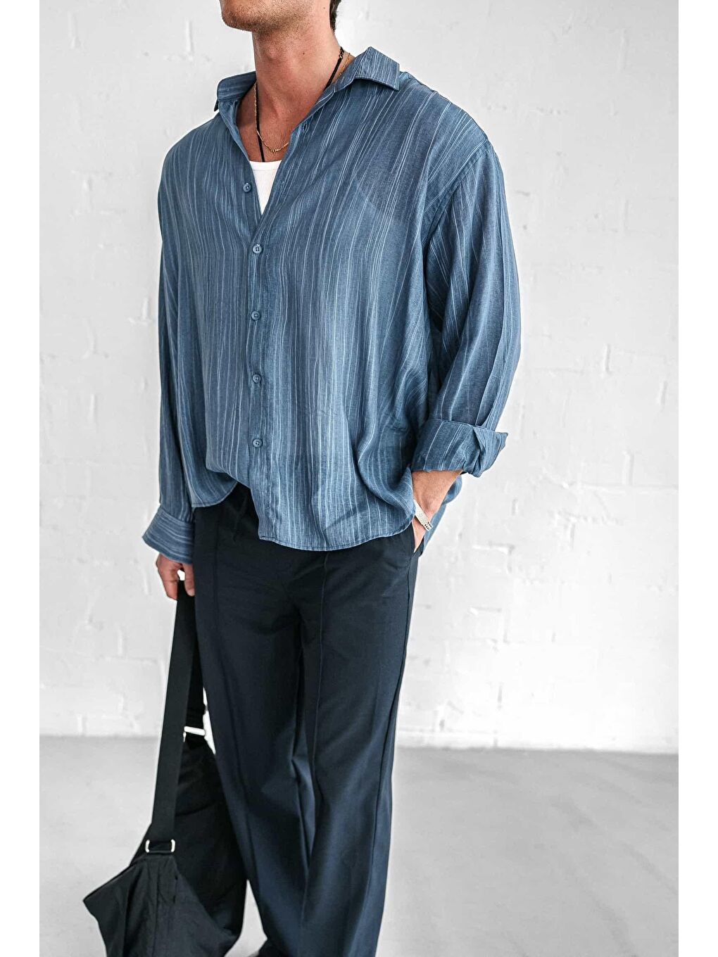 Erkek Dokulu Desenli Çizgili Oversize Gömlek Mavi-1