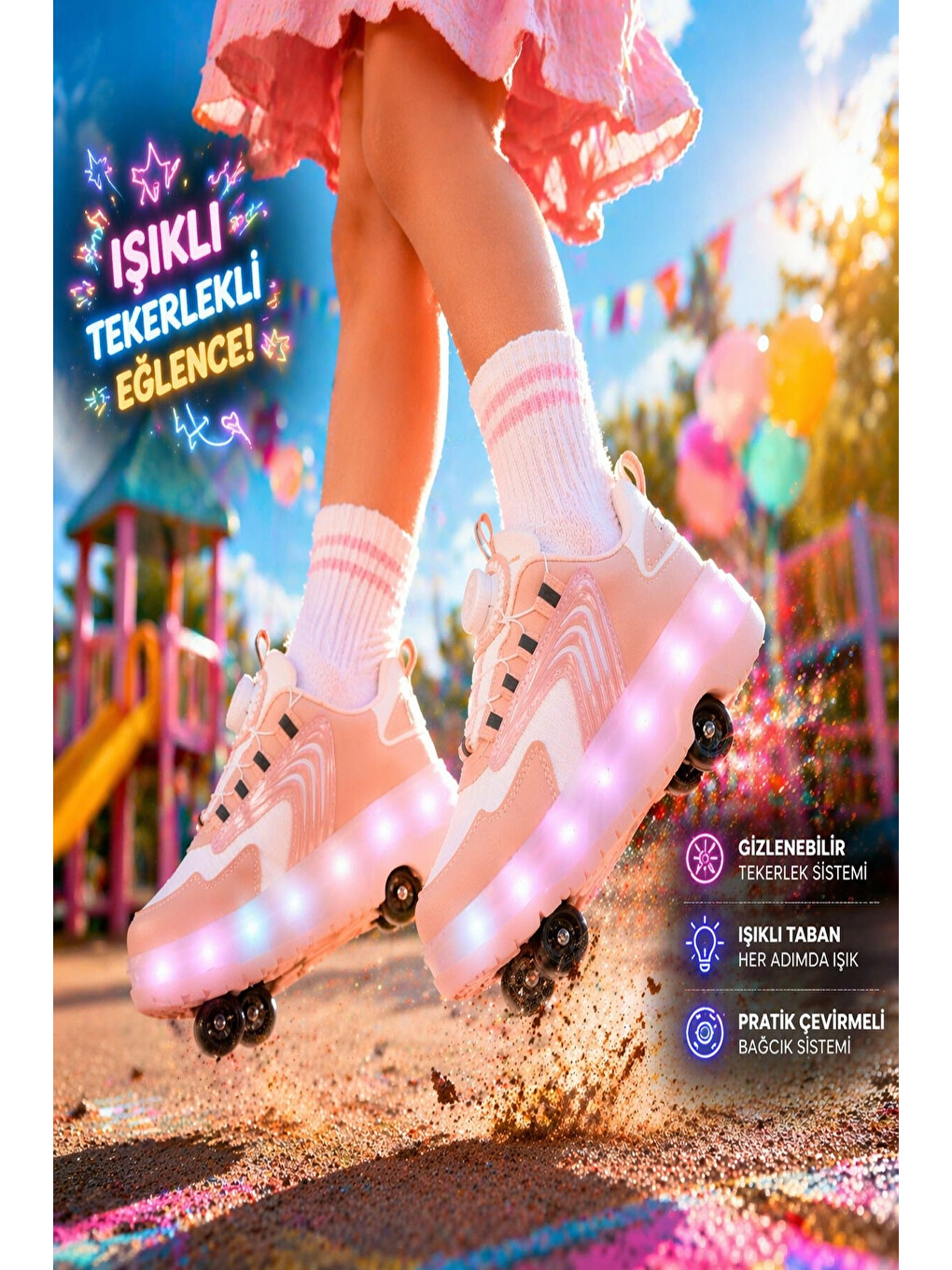 Pembe FLOW Çocuk Işıklı Patenli Tekerlekli Sneaker Spor Ayakkabı-4