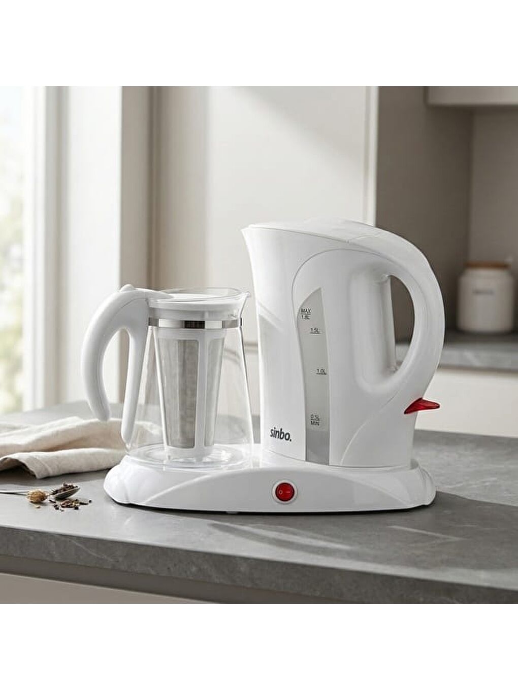 SK-2389 Cam Demlikli Çay Makinesi - Beyaz