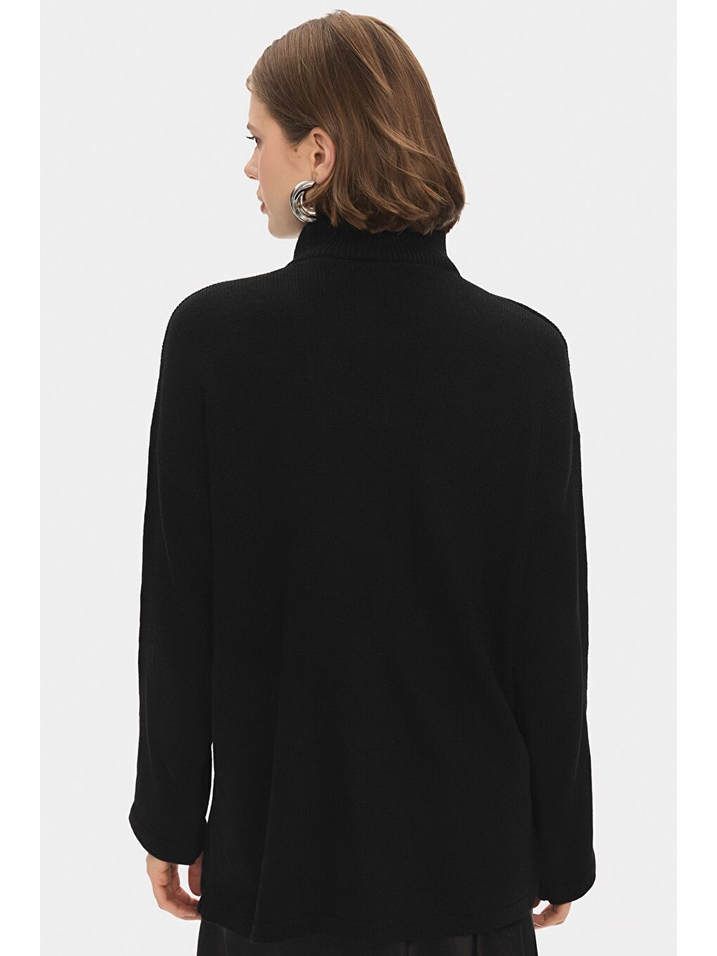 Siyah Kadın Normal Kalıp Fermuar Detaylı Dik Yaka Çizgili Triko Kazak-4