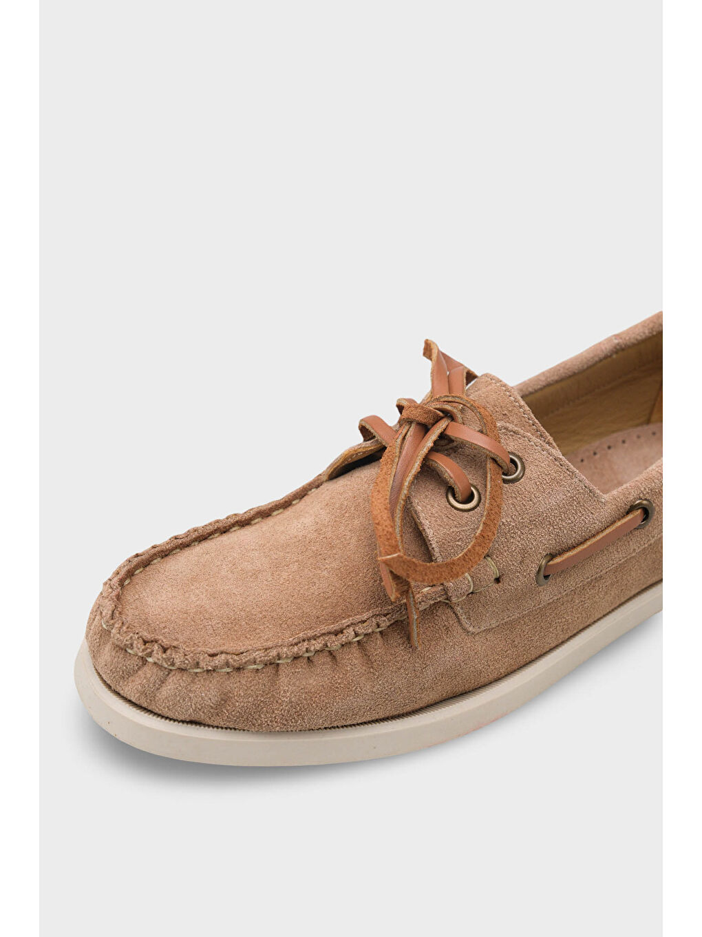 Bej Stephie Hakiki Deri Süet Kadın Loafer Tekne Ayakkabısı-4