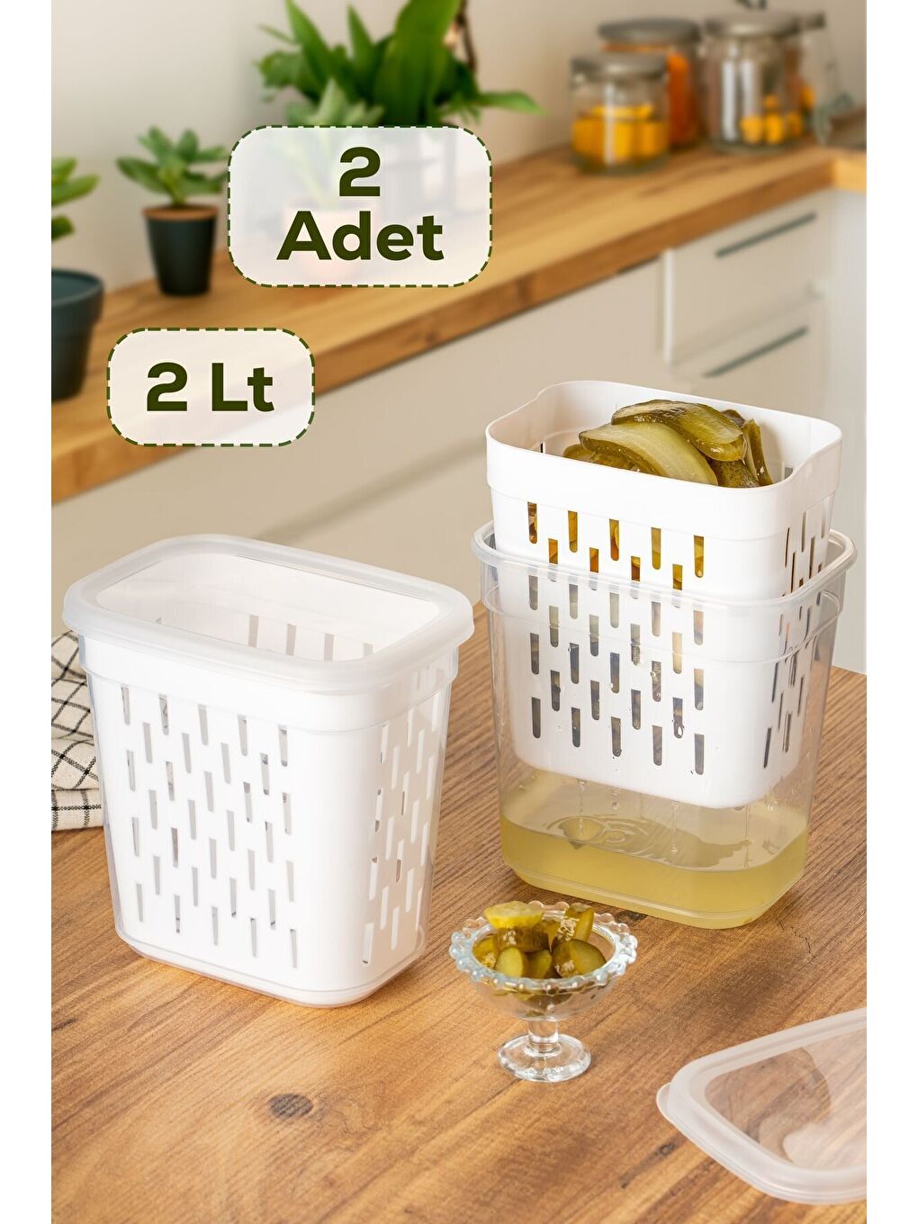 Renksiz 1045 2 li Süzgeçli Turşuluk Zeytinlik Çok Amaçlı Dikdörtgen Saklama Kabı Seti - 2 Lt-Beyaz
