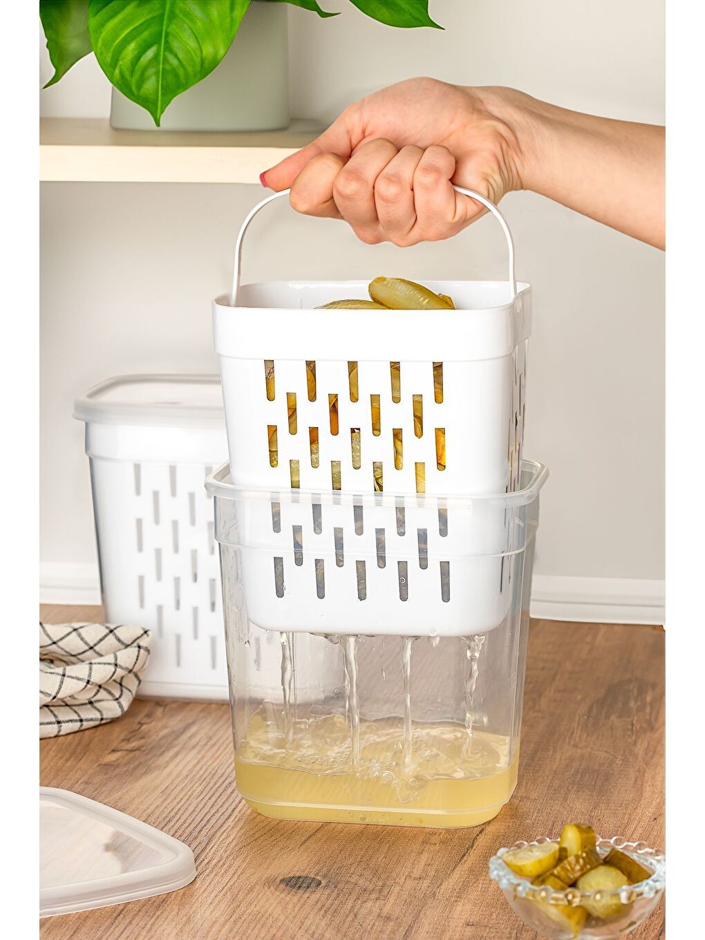 Renksiz 1045 2 li Süzgeçli Turşuluk Zeytinlik Çok Amaçlı Dikdörtgen Saklama Kabı Seti - 2 Lt-Beyaz-1