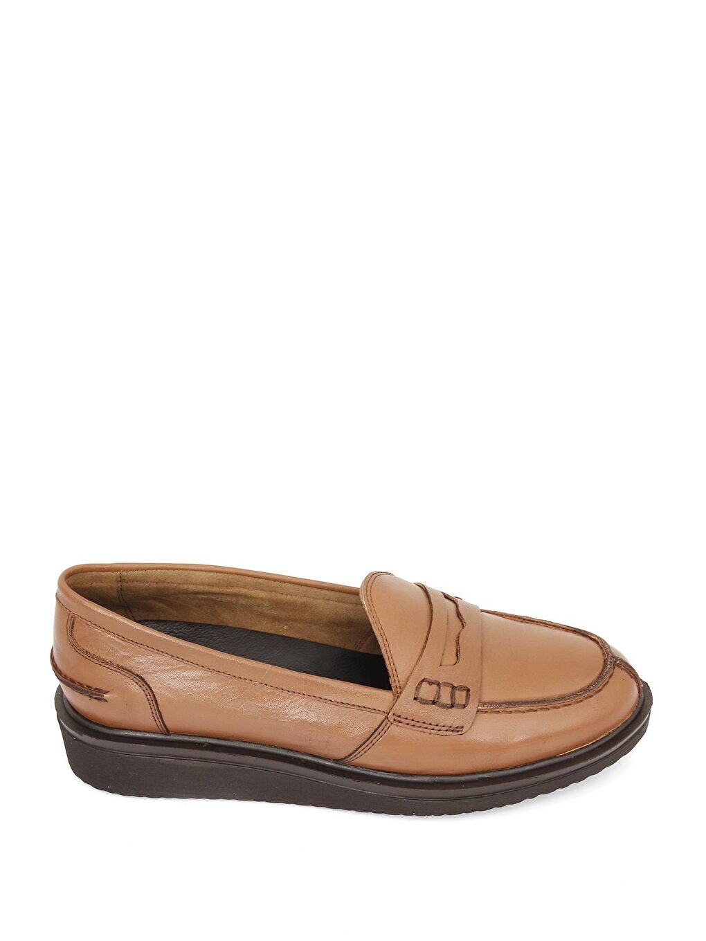 Kahverengi Hakiki Deri Yuvarlak Burun Dolgu Taban Loafer Kadın Günlük Ayakkabı 24192-3