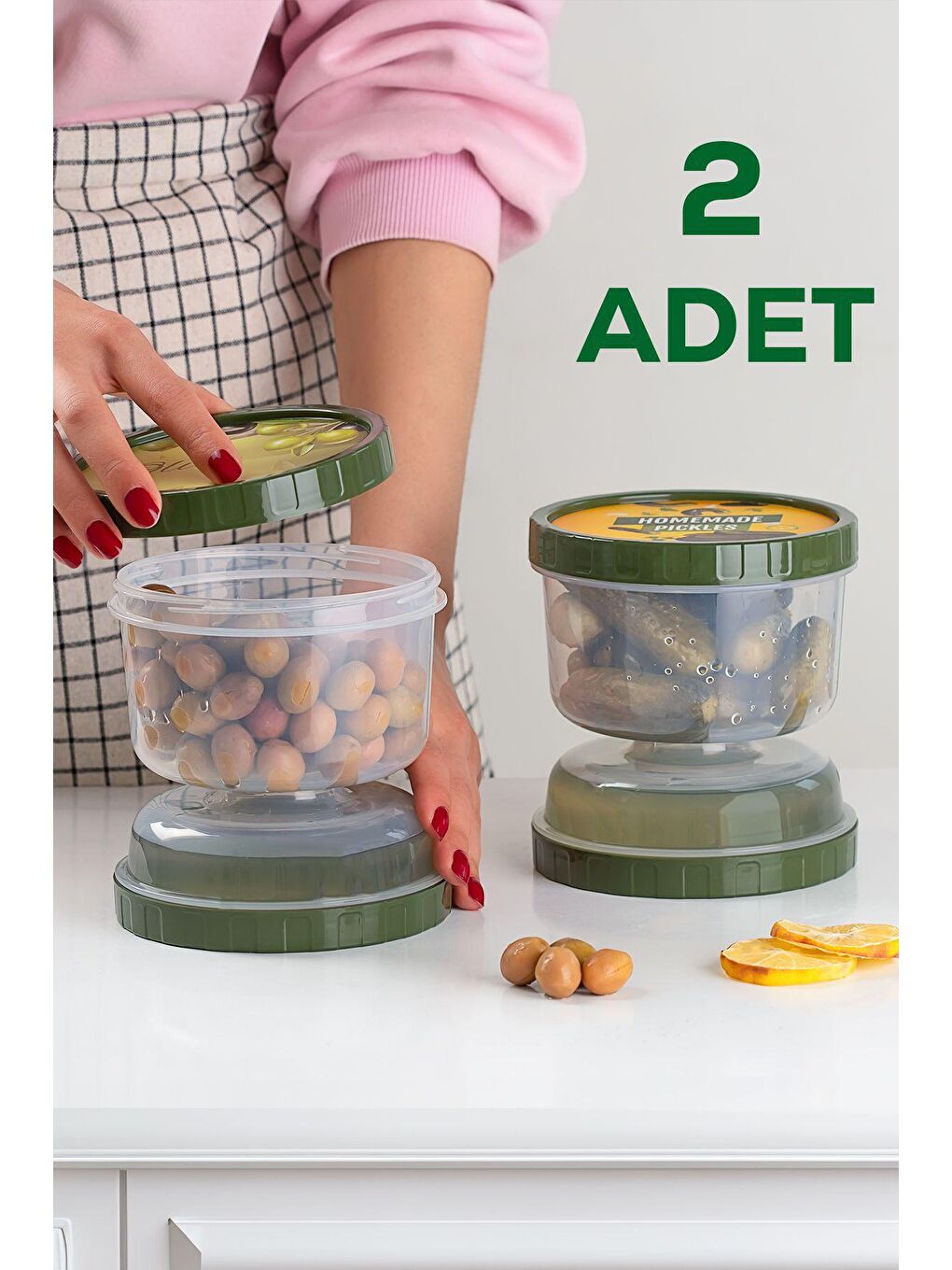 Renksiz 02 1391 2li Kum Saati Süzgeçli Zeytinlik - 2 Li Zeytin Turşuluk Saklama Kabı Gri