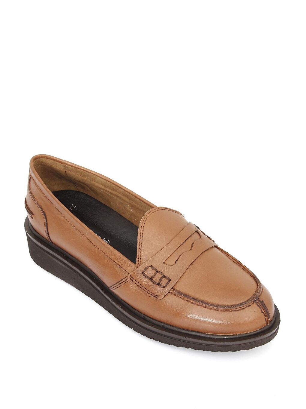 Kahverengi Hakiki Deri Yuvarlak Burun Dolgu Taban Loafer Kadın Günlük Ayakkabı 24192-4