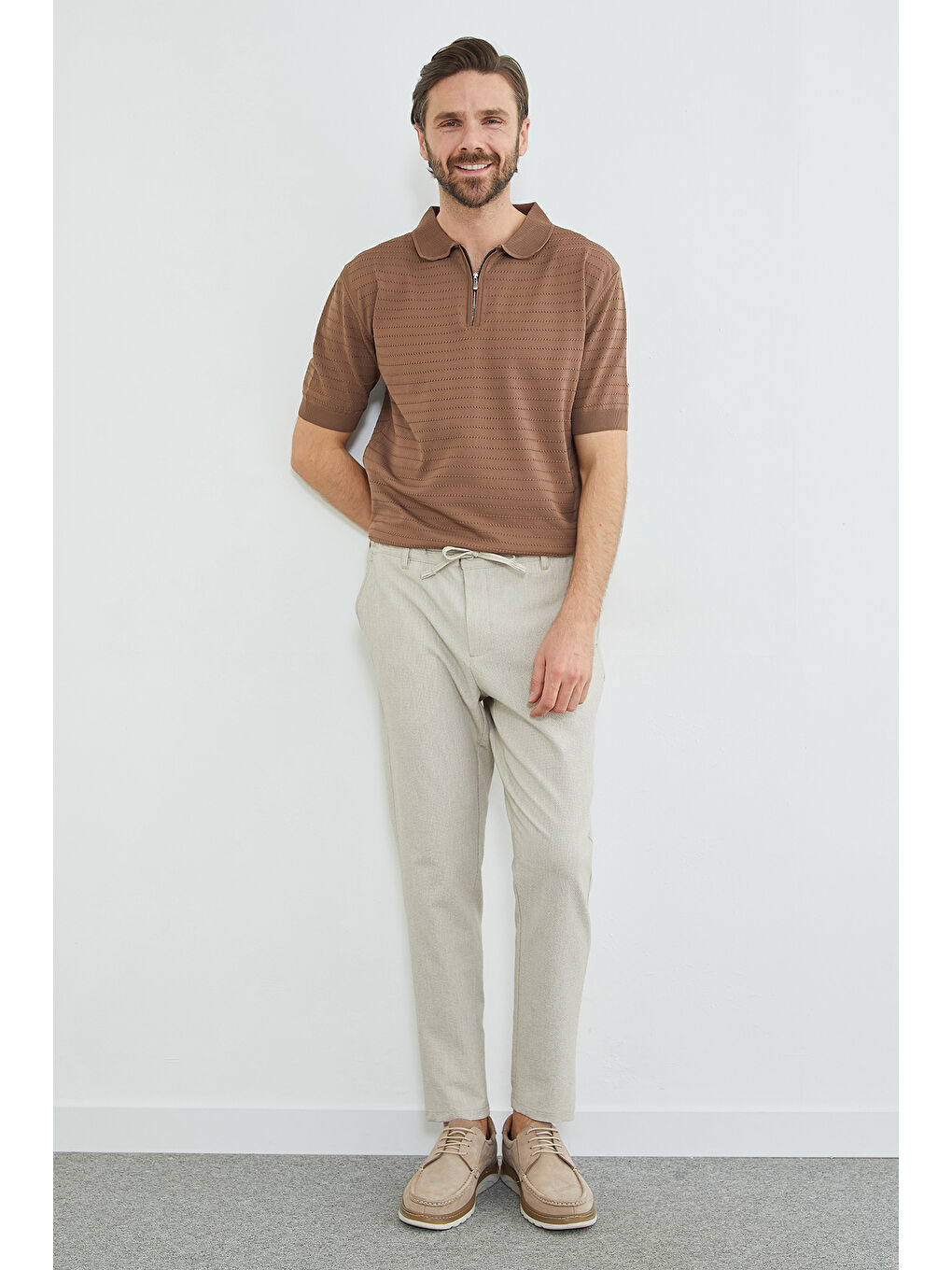 Bej Beli Bağlamalı Dokulu Pantolon-2