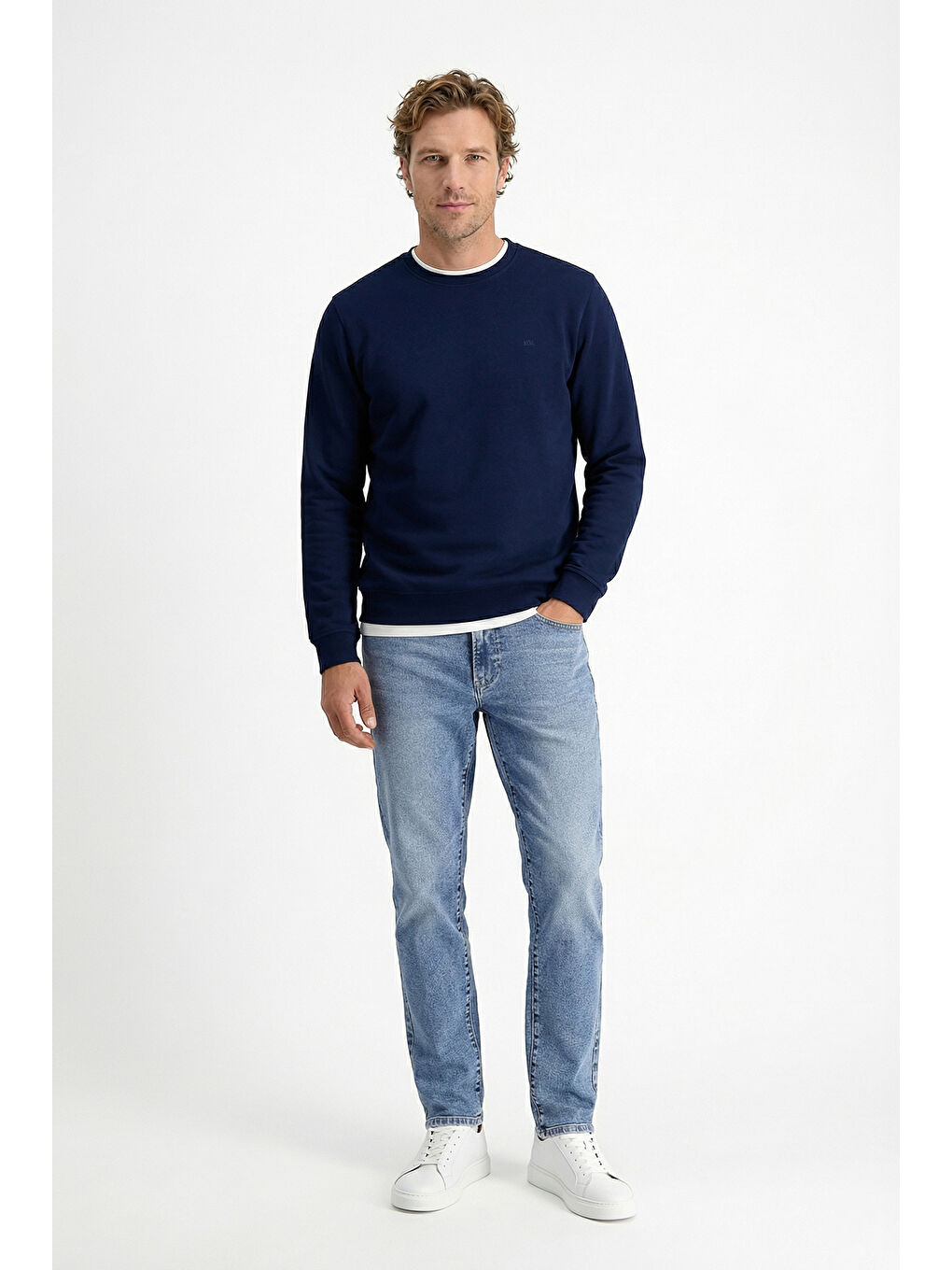 Lacivert Bisiklet Yaka Regular Fit Pamuklu Basic Sweatshirt-1