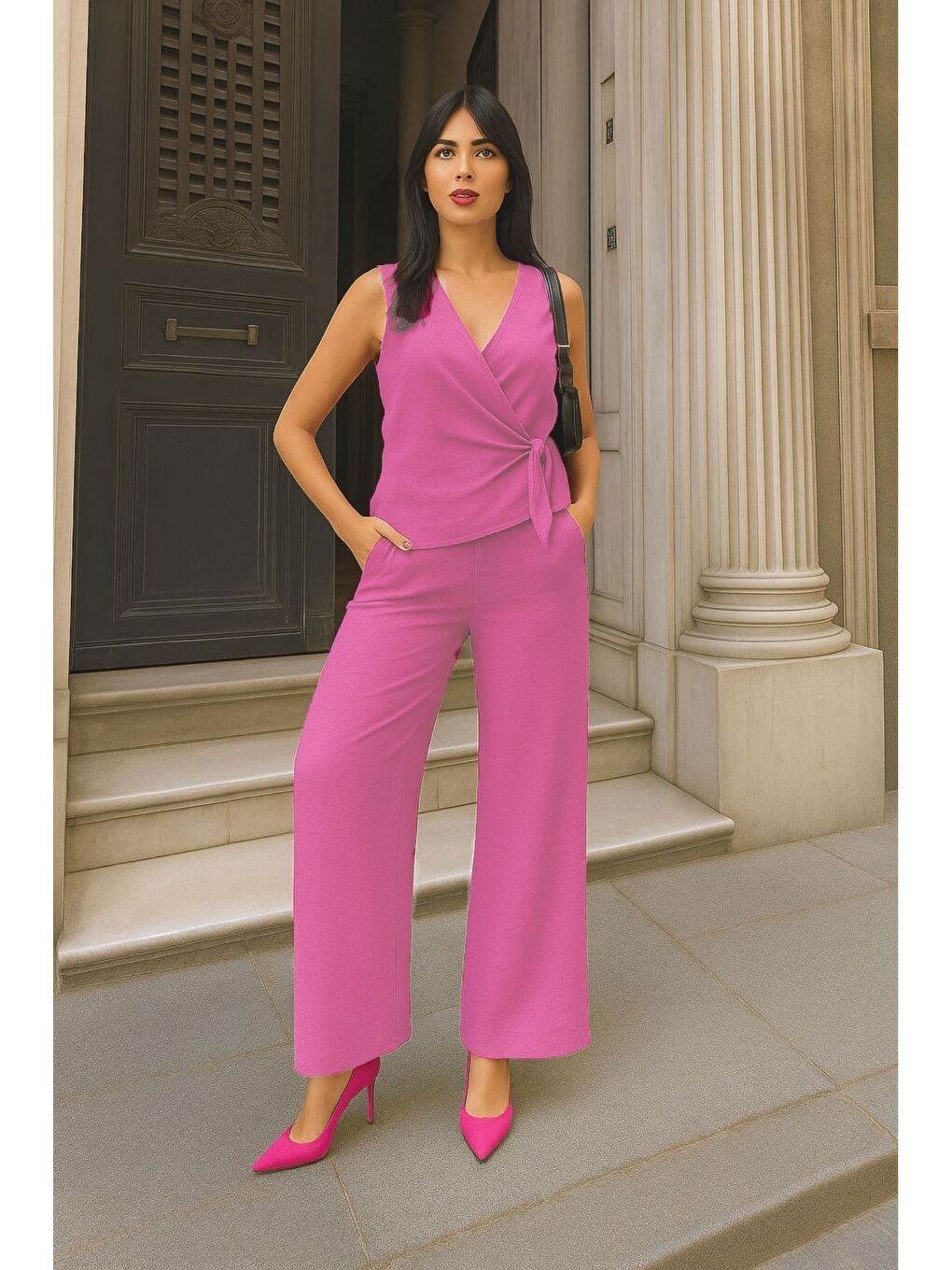 Pembe Bel Yandan Bağlamalı Dokuma Milano Kumaş Takım