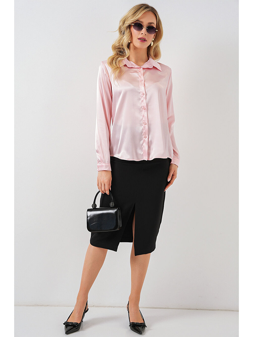 3964 Hafif Dökümlü Saten Gömlek - Pembe-1