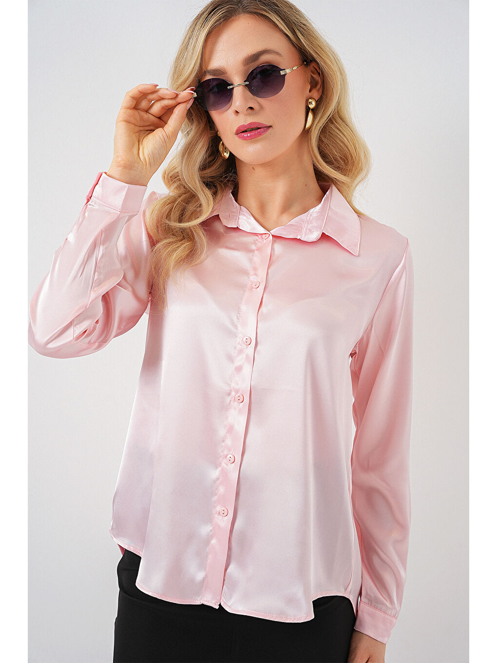 3964 Hafif Dökümlü Saten Gömlek - Pembe-2