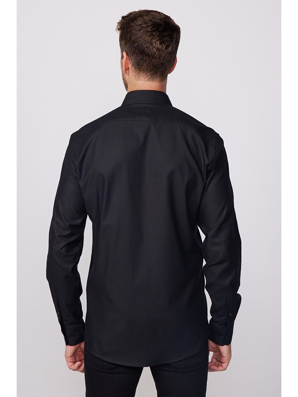 Modern Fit Uzun Kollu %100 Pamuk Armürlü Premium Erkek Siyah Gömlek-4