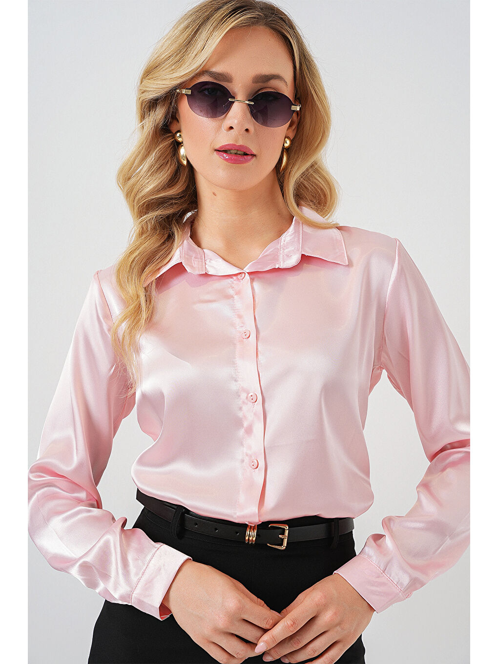 3964 Hafif Dökümlü Saten Gömlek - Pembe-3