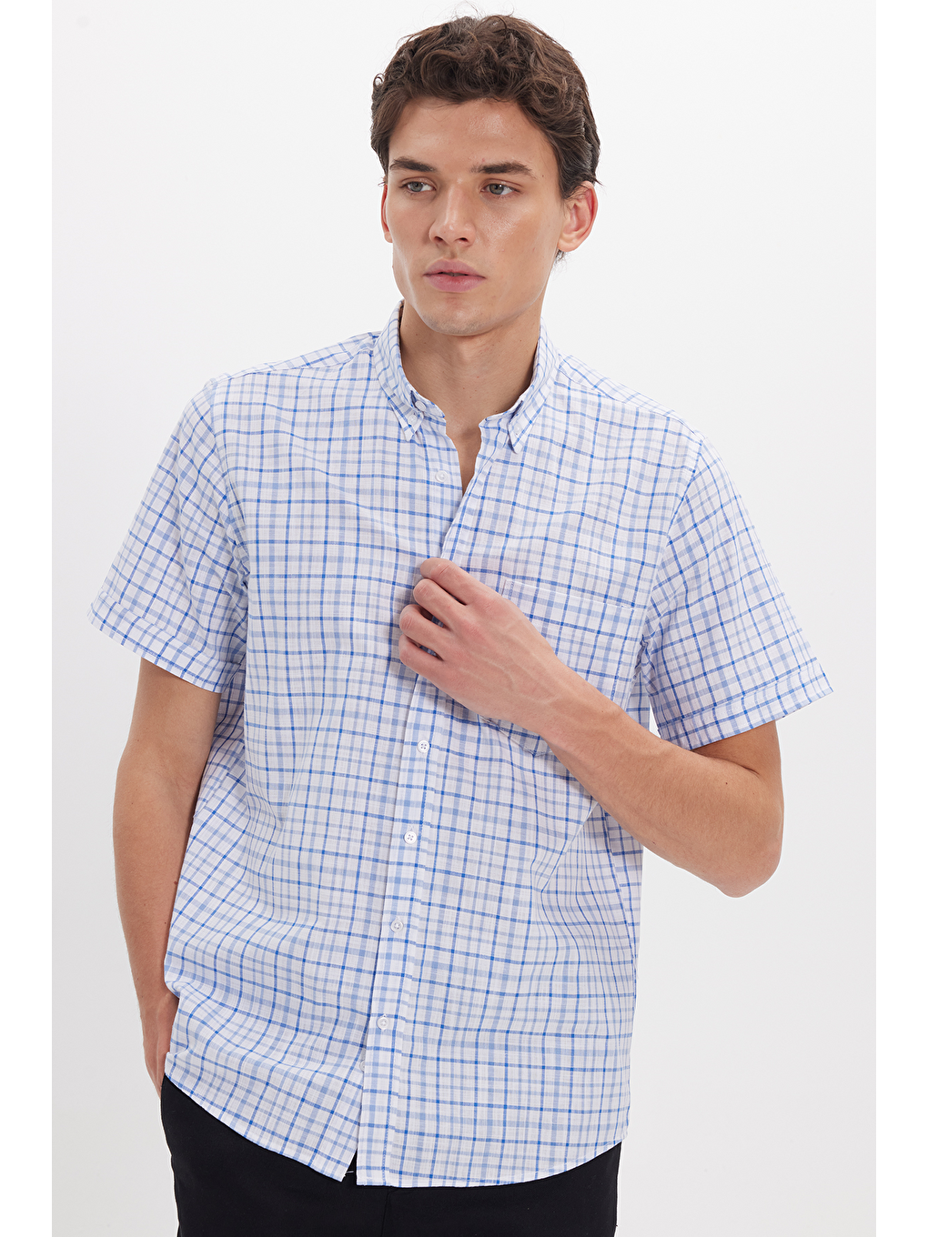 Karışık Erkek Regular Fit Klasik Kesim Oversize %100 Pamuk Keten Doku Tek Cep Kareli Düğmeli Yaka Gömlek