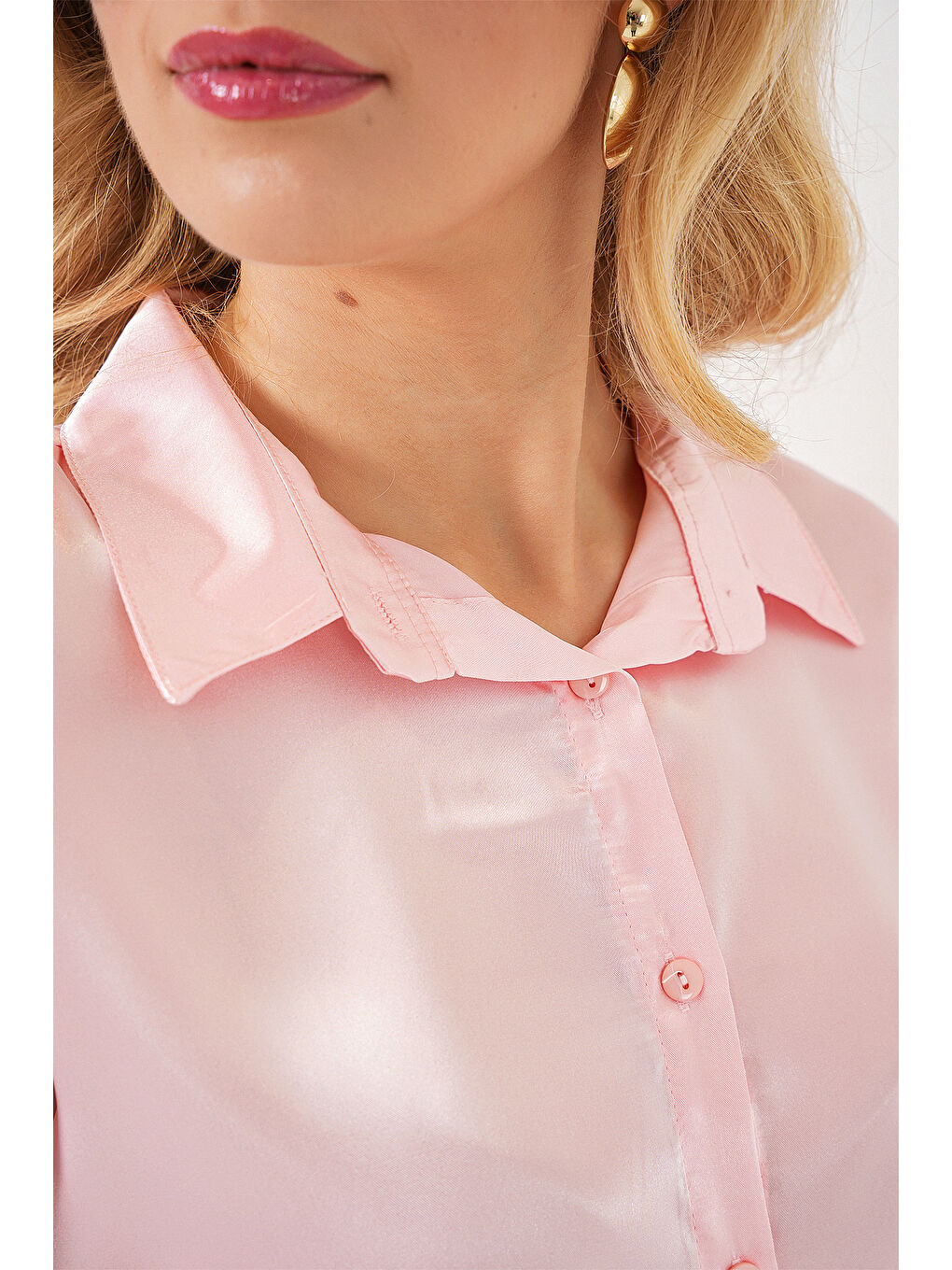 3964 Hafif Dökümlü Saten Gömlek - Pembe-4