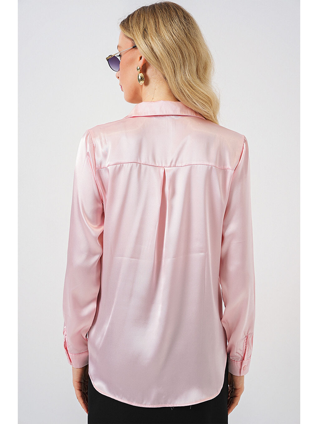 3964 Hafif Dökümlü Saten Gömlek - Pembe-5