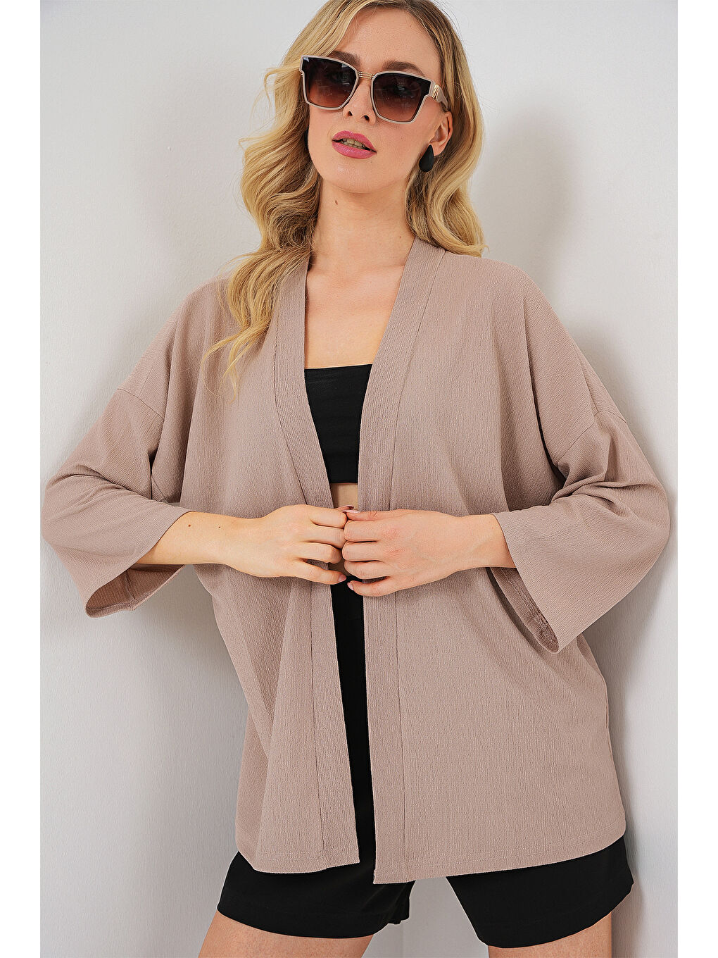 5862 Örme Kimono - Bej-2