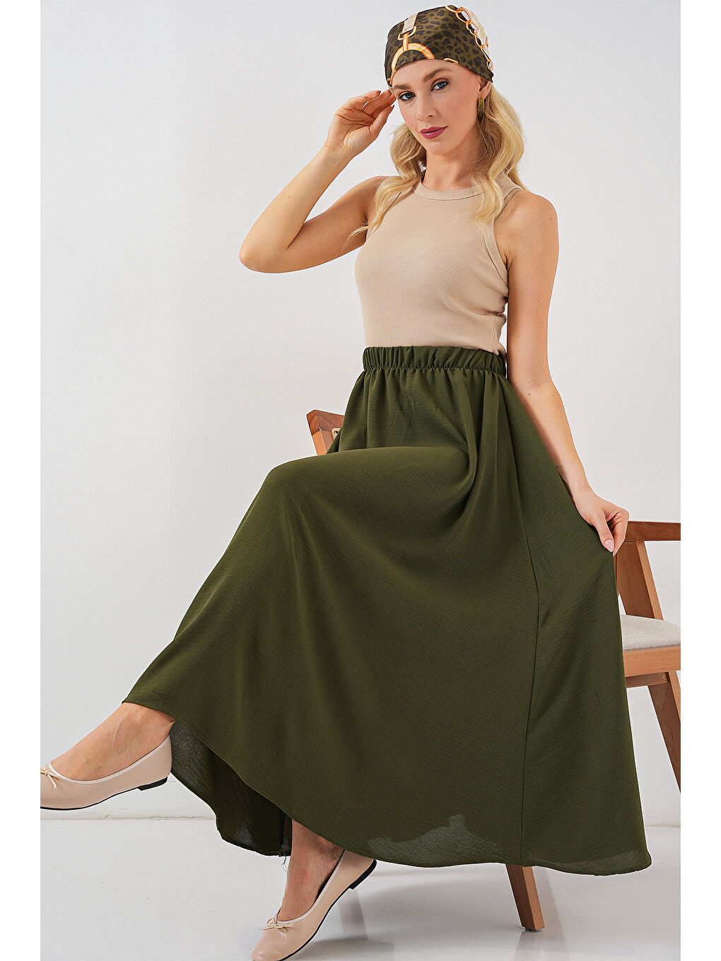 Kadın Uzun Ayrobin Etek 8050 - Haki-2